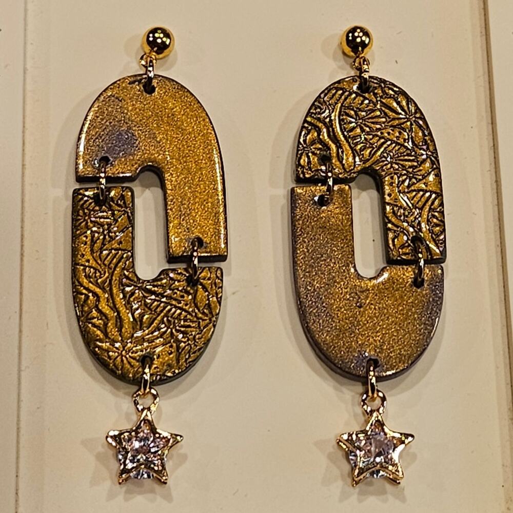 Mushroom Embossed Clay Dangle Earrings Half Gold Star Charm Cottagecore Witchy
